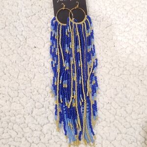 Blue and Gold Beaded Earrings